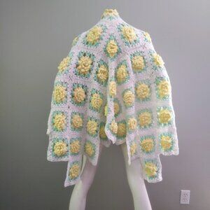 Vintage Handknit Crochet 3D Afghan Blanket Wrap Shawl